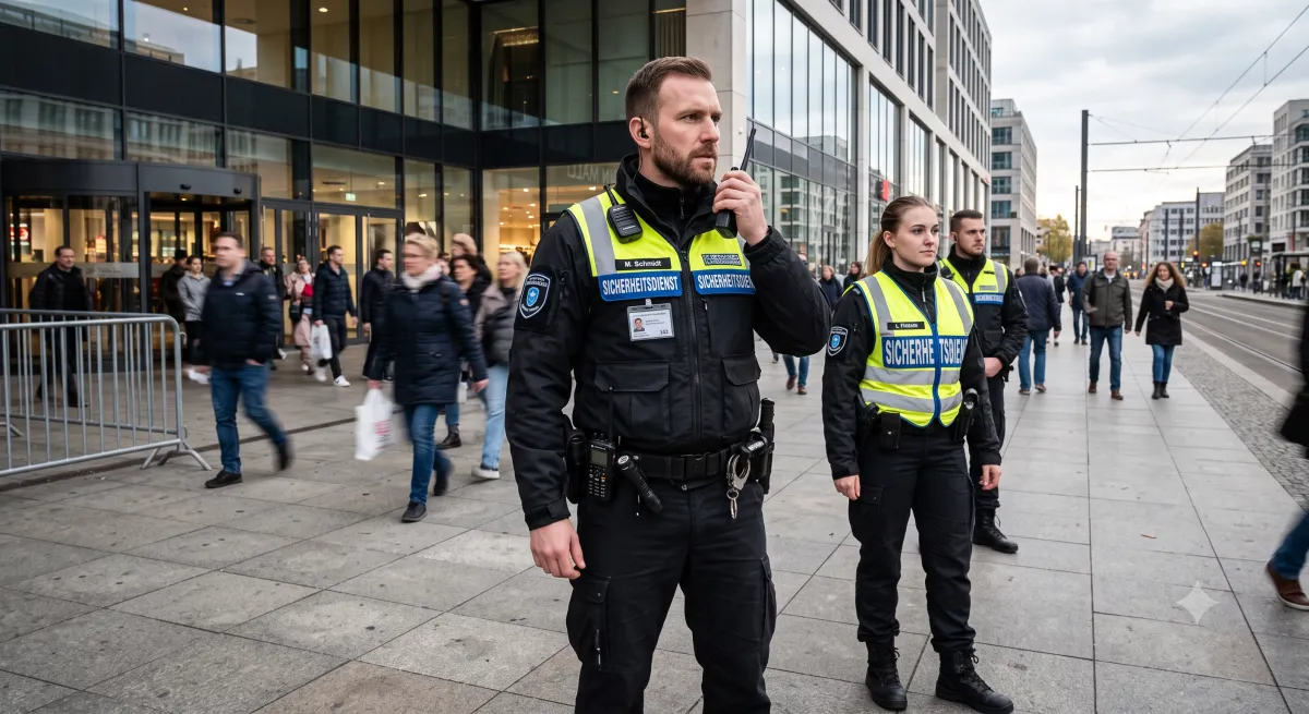 Sicherheitsmitarbeiter im Objektschutz vor einem Gebäude